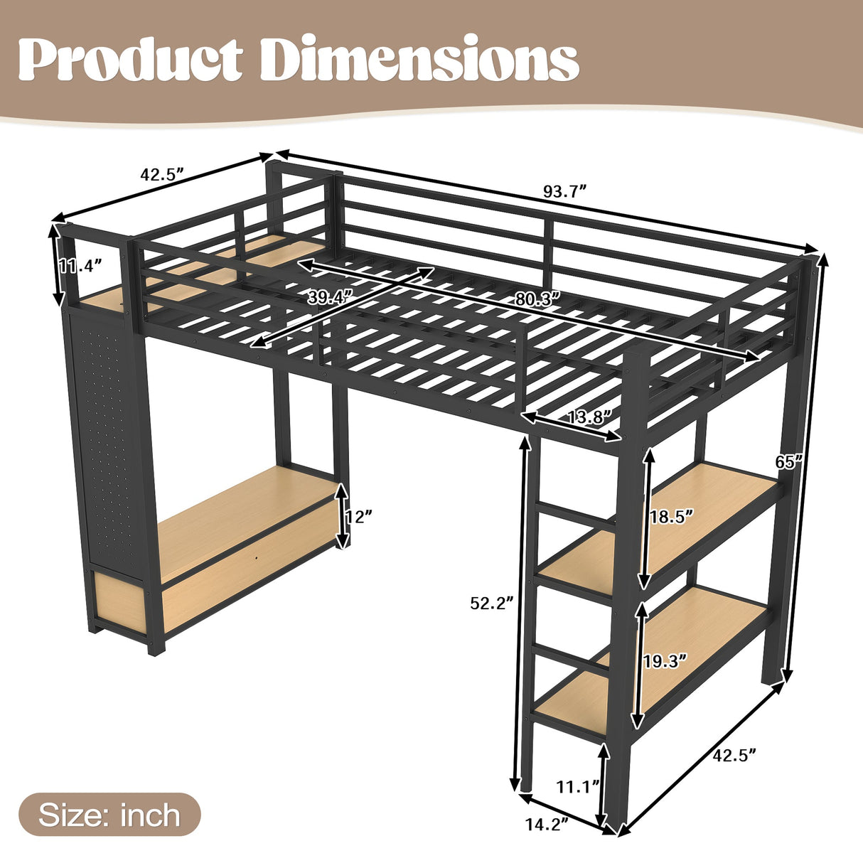 Twin XL Size Loft Bed Frame with Wardrobe and Shelves