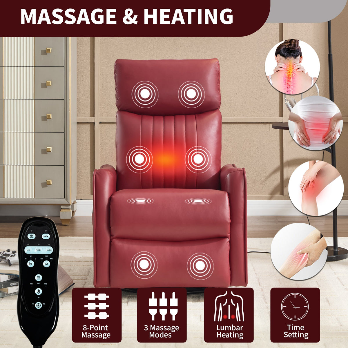 Red Faux Leather Recliner Chair with Heat & Massage - Swivel Rocker