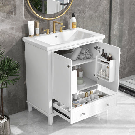 30" Freestanding Bathroom Vanity with Functional Storage & Ceramic Sink- Crisp white elegance