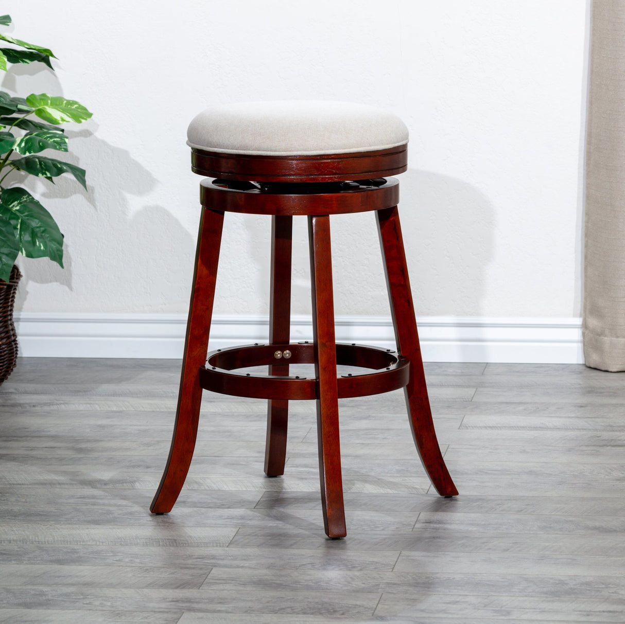24 Counter Stool, Cherry Finish, Beige Fabric Seat - Tuesday Morning - Table & Bar Stools