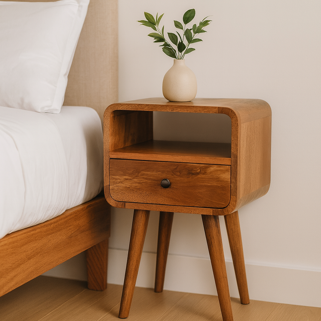 Solid Wood Mini Oak-ish Curve Nightstand, 1-Drawer, 1 Open-Slot