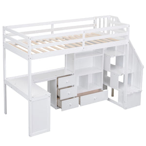 Loft Bed With L Shaped Desk, Drawers, Cabinet, And Storage Staircase