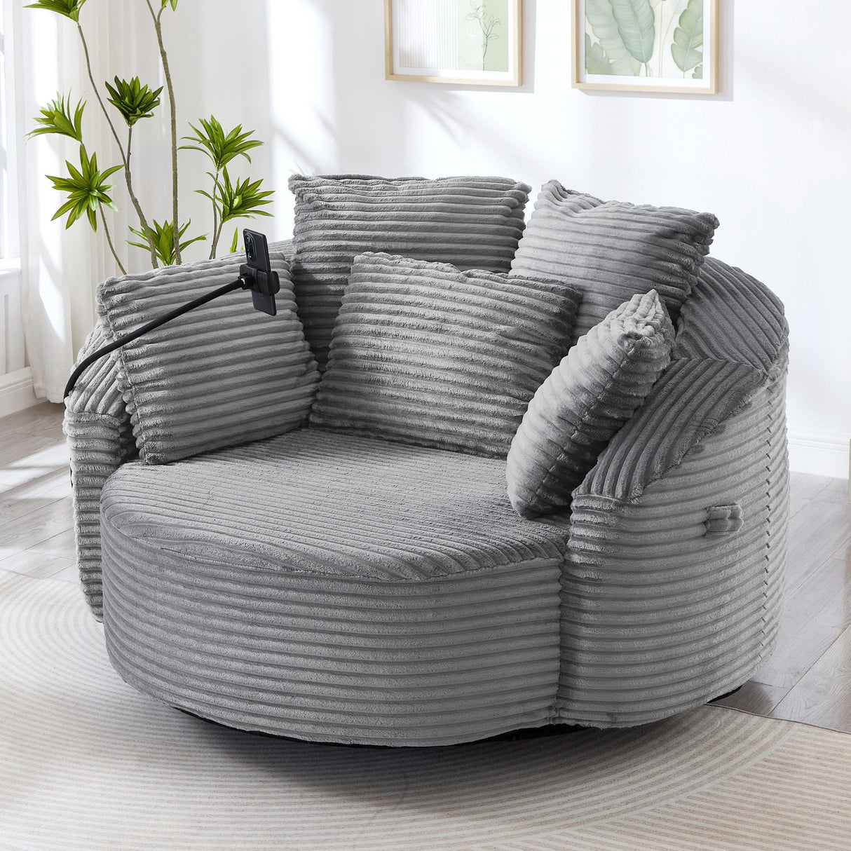 Swivel Accent Barrel Chair With Adjustable Phone Holder, 5 Pillows For Living Room