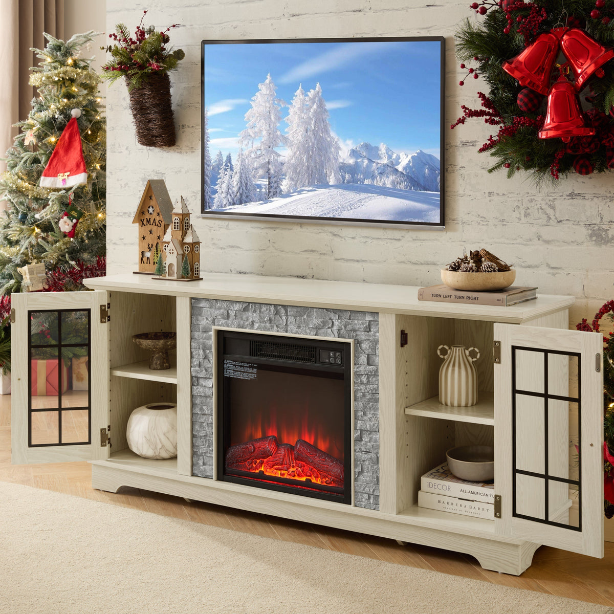 58" Modern TV Stand with Electric Fireplace and Storage