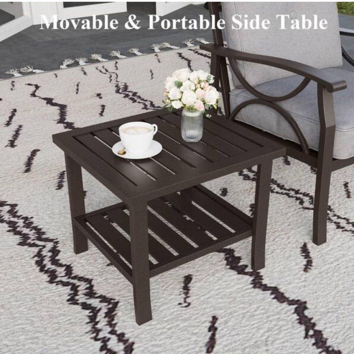 Square 2 Tier All-Weather Outdoor Side Table With Slatted Top