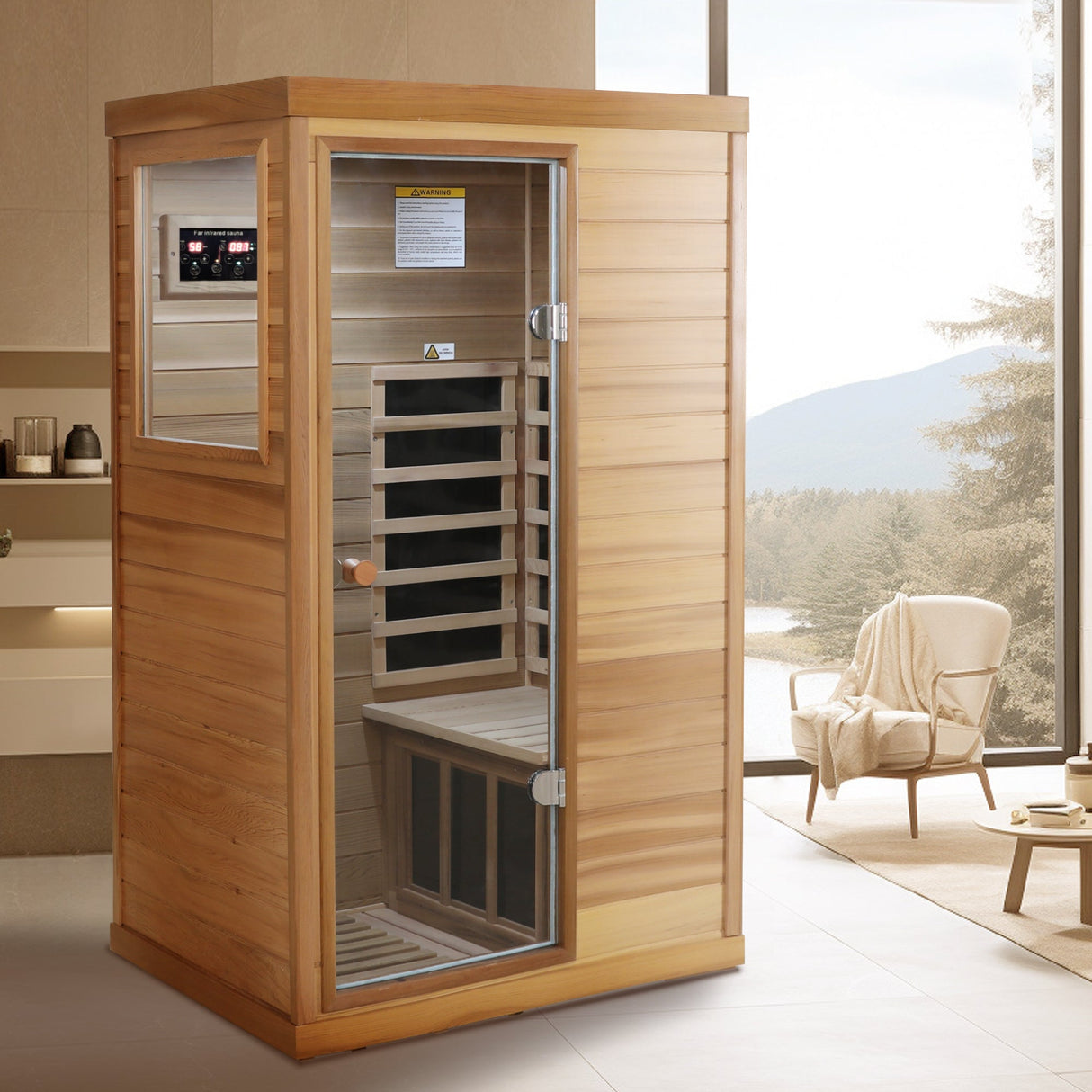 Red Cedar Mini One Person Far Infrared Indoor Sauna Room with Left Glass Door, Natural Wood & Caramel