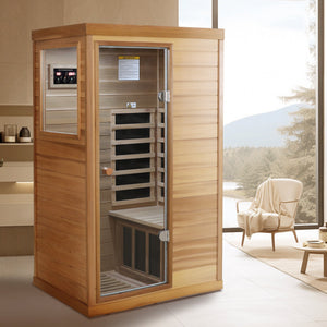 Red Cedar Mini One Person Far Infrared Indoor Sauna Room with Left Glass Door, Natural Wood & Caramel