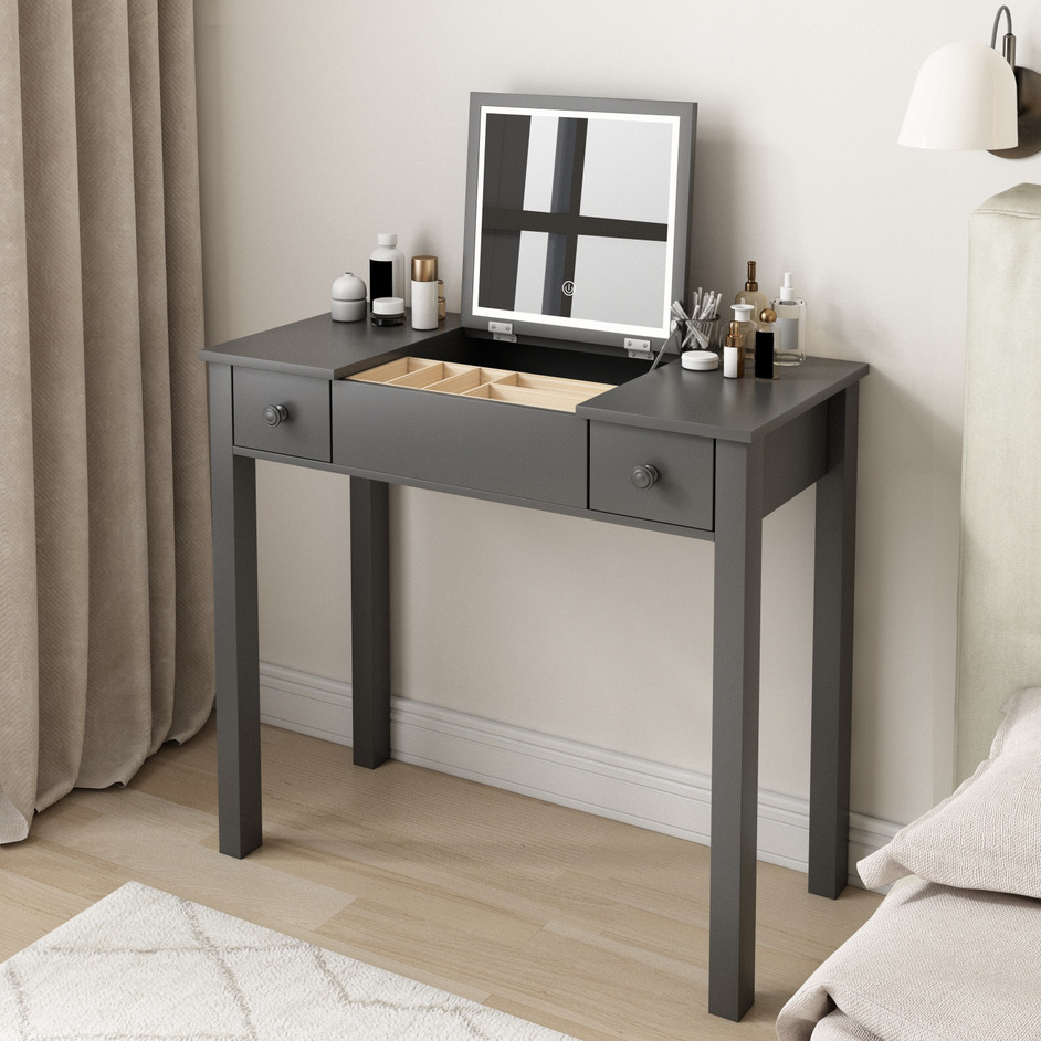 Grey-vanity-table-with-led-lights,-flip-top-mirror-and-2-drawers,-jewelry-storage-Vanity-Tables