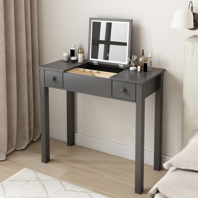 Grey-vanity-table-with-led-lights,-flip-top-mirror-and-2-drawers,-jewelry-storage-Vanity-Tables