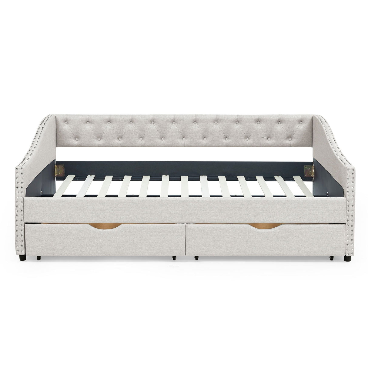 Upholstered Tufted Daybed With Drawers, Waved Arms