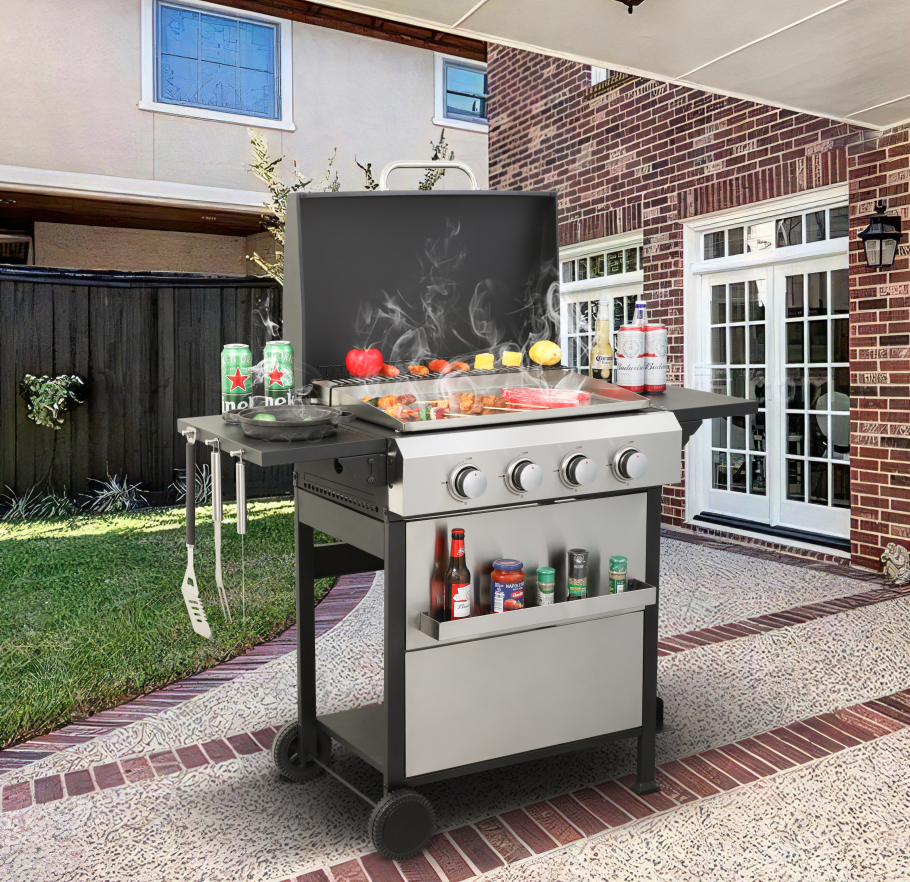 4-burner propane gas bbq grill, ss plancha, 49200btu output with wire enamel cooking grids
