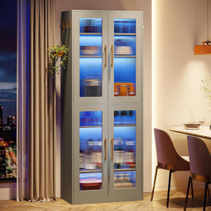 Bookcase With Doors And LED Lighting, 8 Adjustable Shelves Storage Cabinet