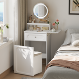 White makeup vanity desk  with round mirror and lights, 2 in 1 nightstand