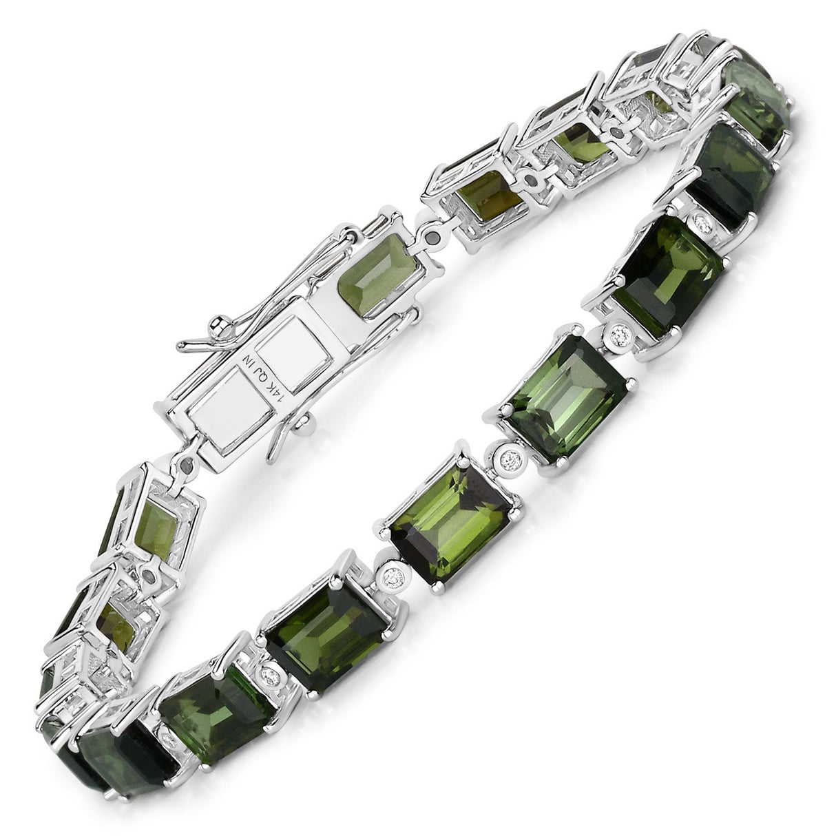 19.04 Carat Genuine Green Tourmaline and White Diamond 14K White Gold Bracelet