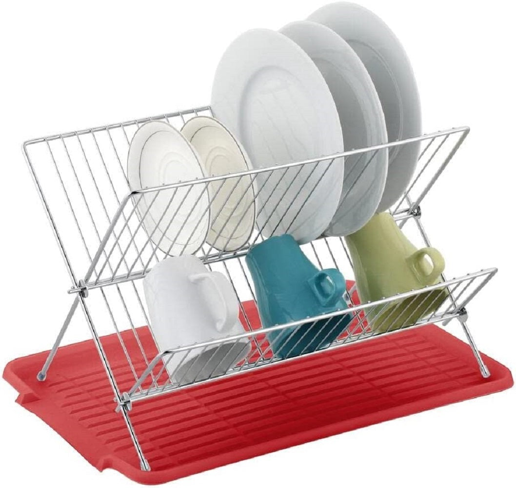 J&V Textiles x Shaped Stainless Steel 2-Tier Dish Rack with Utensil and Cutting Board Holder in Red | 247-RD