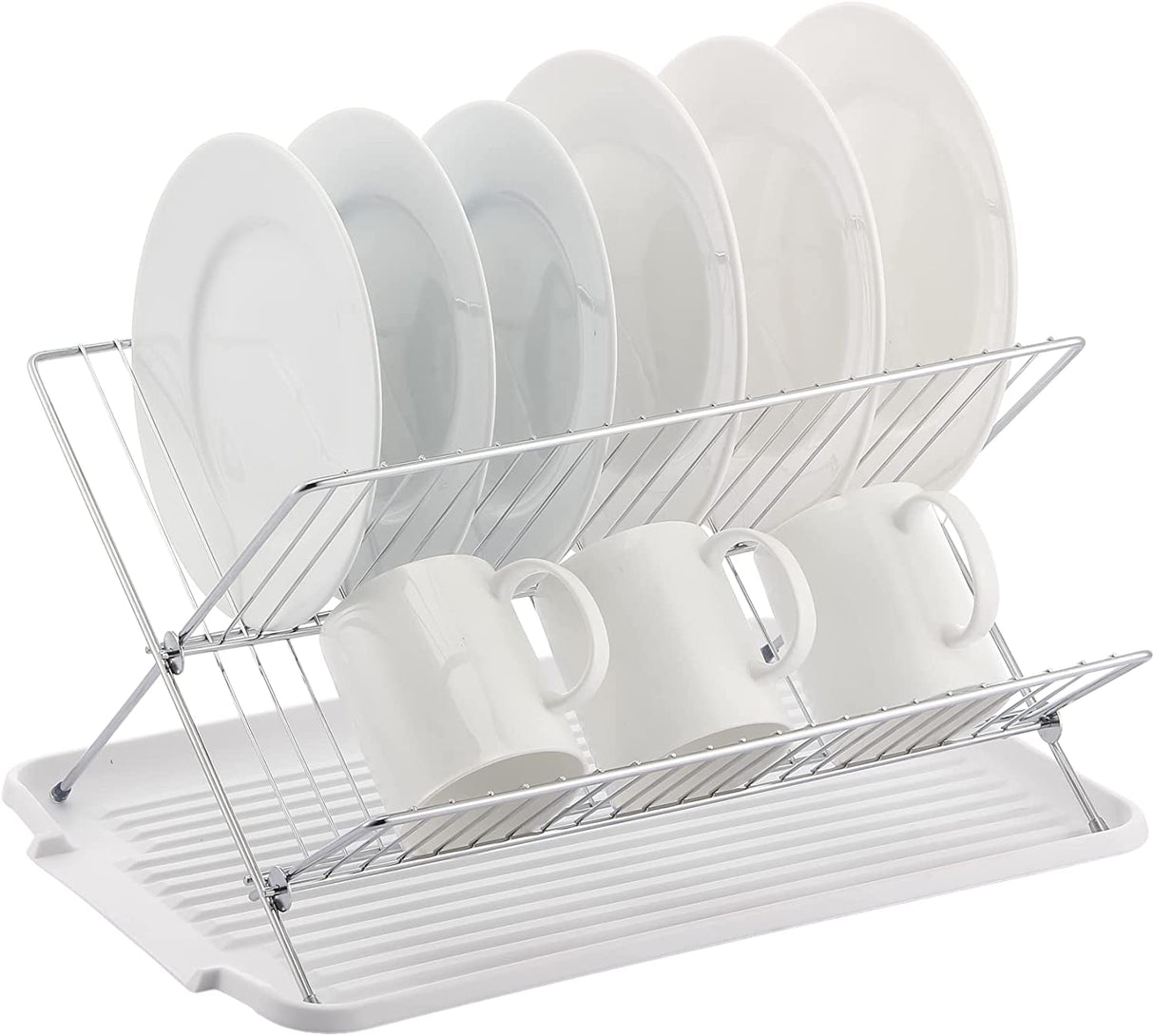 J&V Textiles 17 in. x Shaped Stainless Steel 2-Tier Dish Rack for Kitchen Counter, White