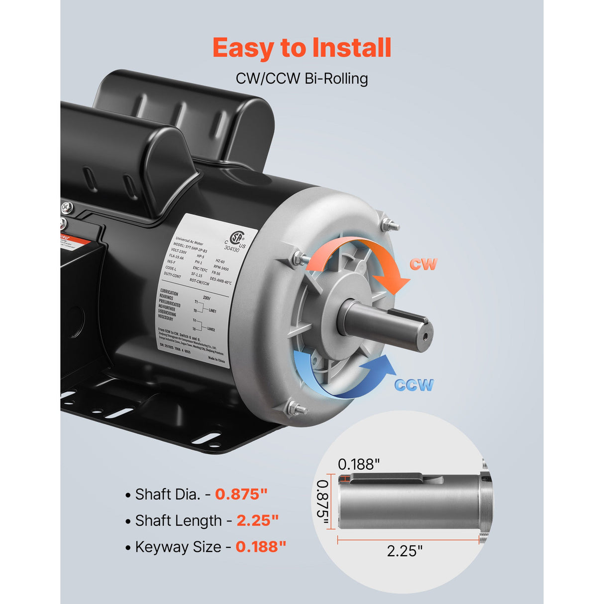 5 HP Electric Motor for Air Compressors, 3450 RPM, Single-Phase 230V