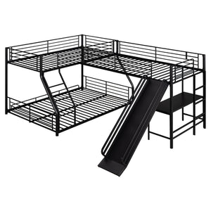 L-Shaped Twin Over Full Bunk Bed With Twin Loft, Built In Desk And Slide - Black