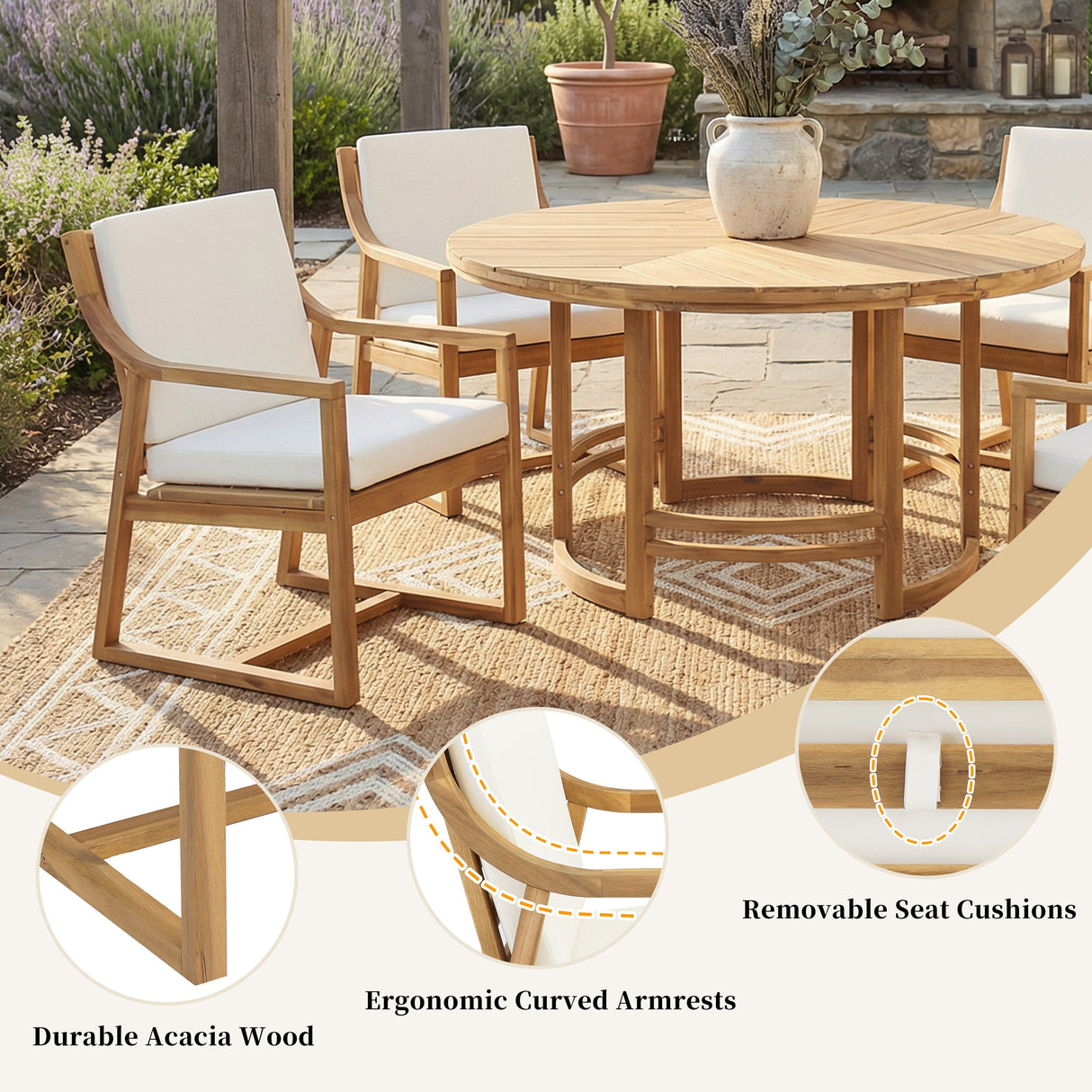 Outdoor Dining Set 5-Piece Patio Table and Chairs Set with Umbrella Hole