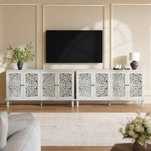 60" Antique Buffet Cabinet with Floral Carvings and Solid Wood Legs