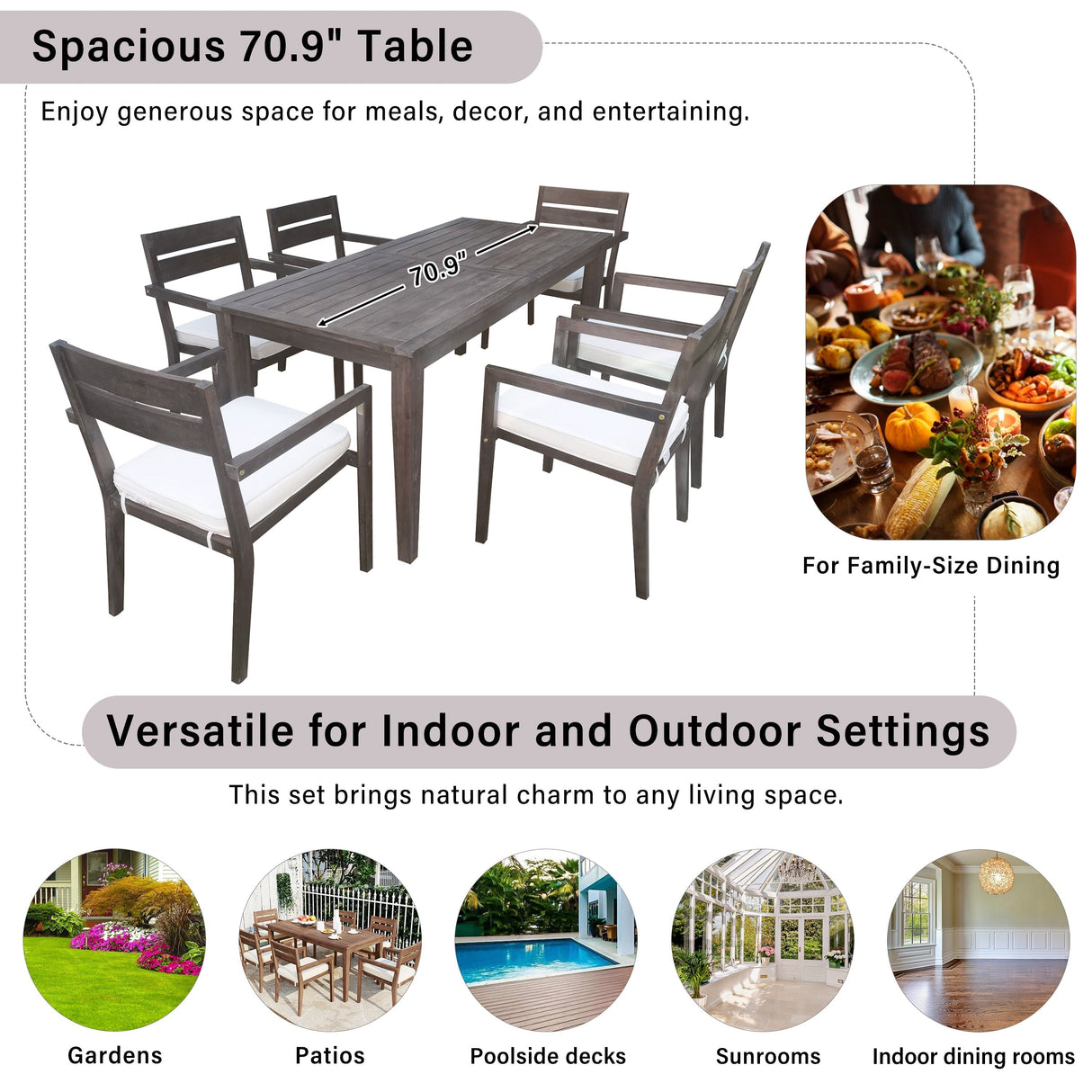 7 Pieces Acacia Wood Outdoor Dining Set with Cushions