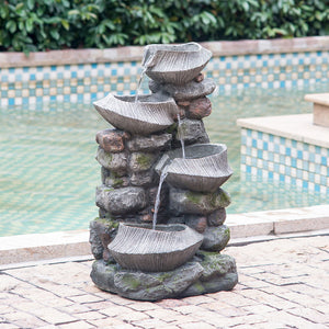 Indoor Outdoor Stone Water Fountain - 4 Tier Polyresin with LED Light
