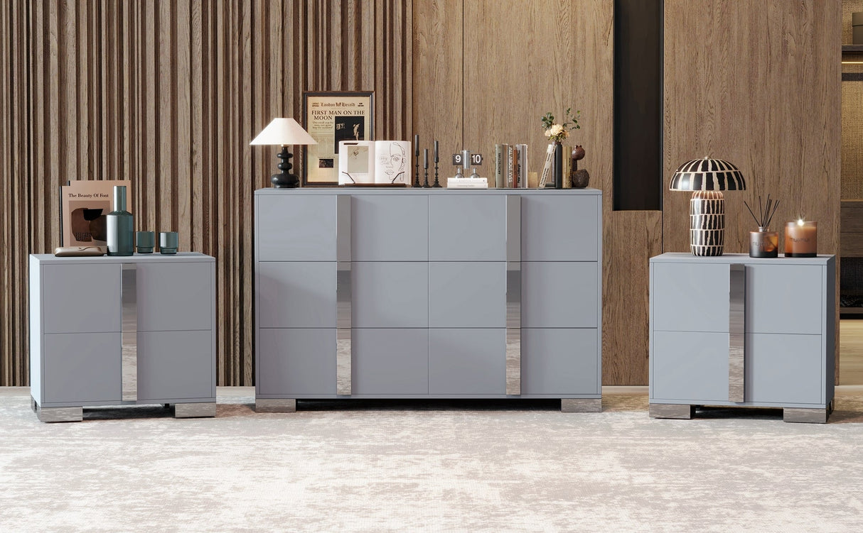 3-Pieces Sets, Elegant 6 Drawers Dresser and Two Nightstands