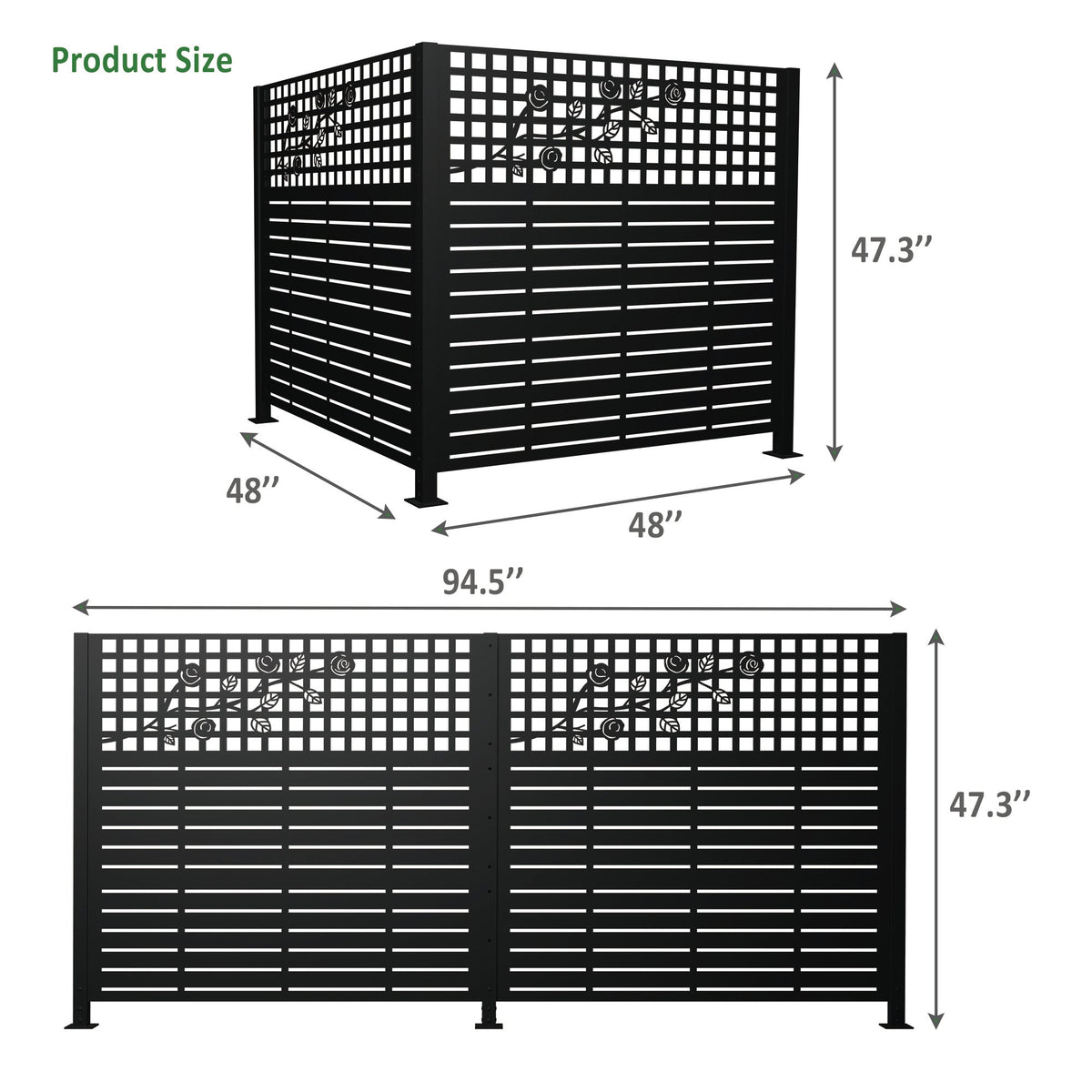 W48" x H47.3" Metal Privacy Screen with Rose Design