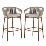 Lodi Outdoor Metal Rope Barstool with Teak Finished Frame and Beige Cushion - Set of 2