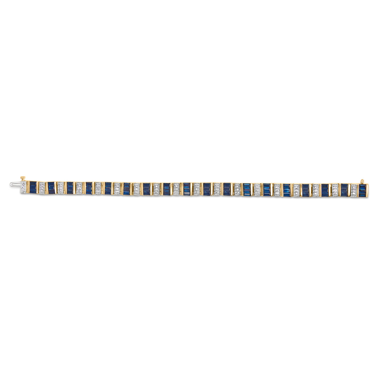 14K Yellow Gold 2/5 Cttw Diamond & 8.0 Cttw Baguette Cut Blue Sapphire Alternating Link Bracelet (G-H Color, VS1-VS2 Clarity) - 7" Inches