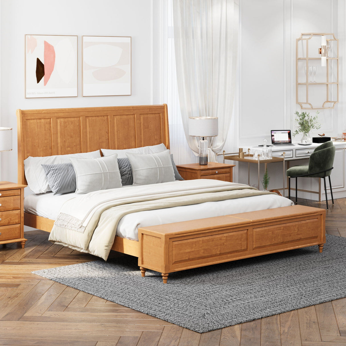 Sleigh Bed Frame With Tall Headboard And Storage Bench