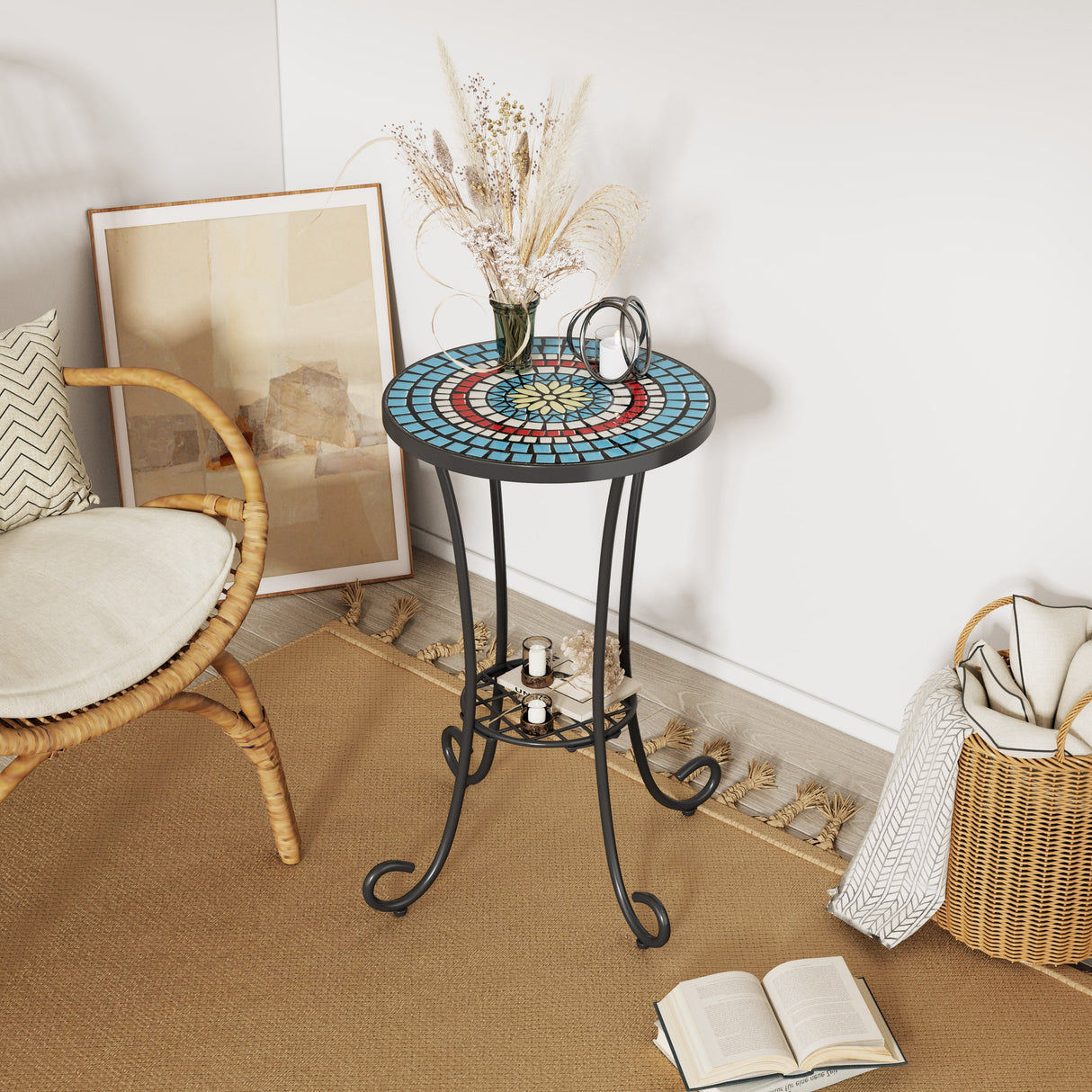 Patio Side Table with Shelf, Blue and Black