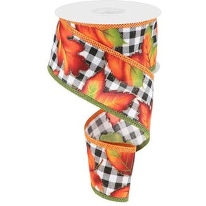 2.5" Autumn Leaves on Check Ribbon: White (10 Yards)