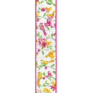 2.5" Birds Floral Branches Ribbon: White (10 Yards)