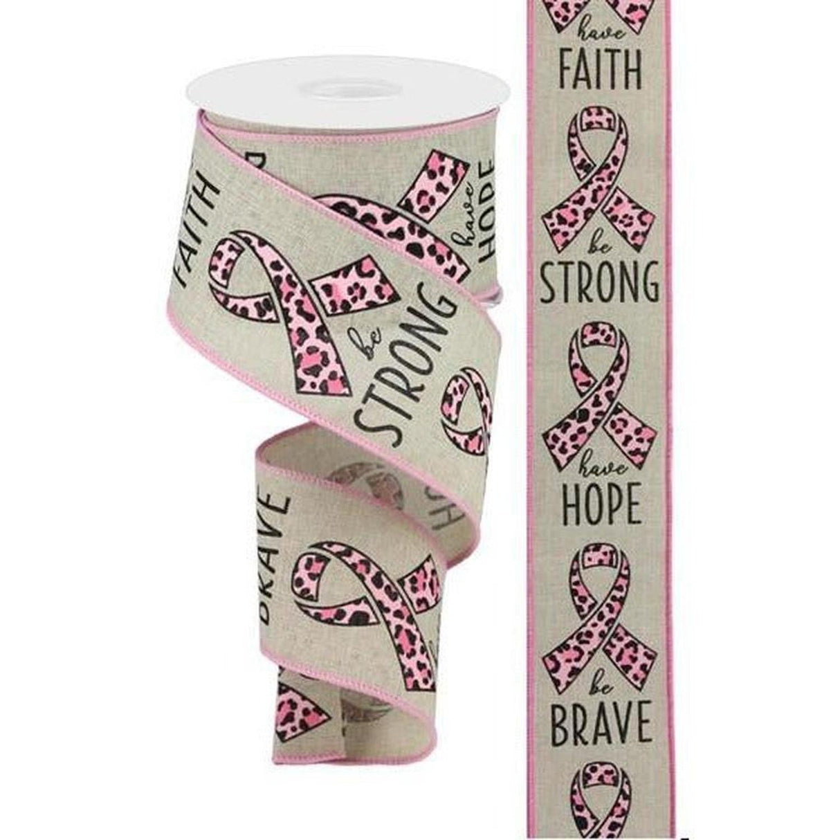 2.5" Breast Cancer Leopard Ribbon: Lt Natural (10 Yards)
