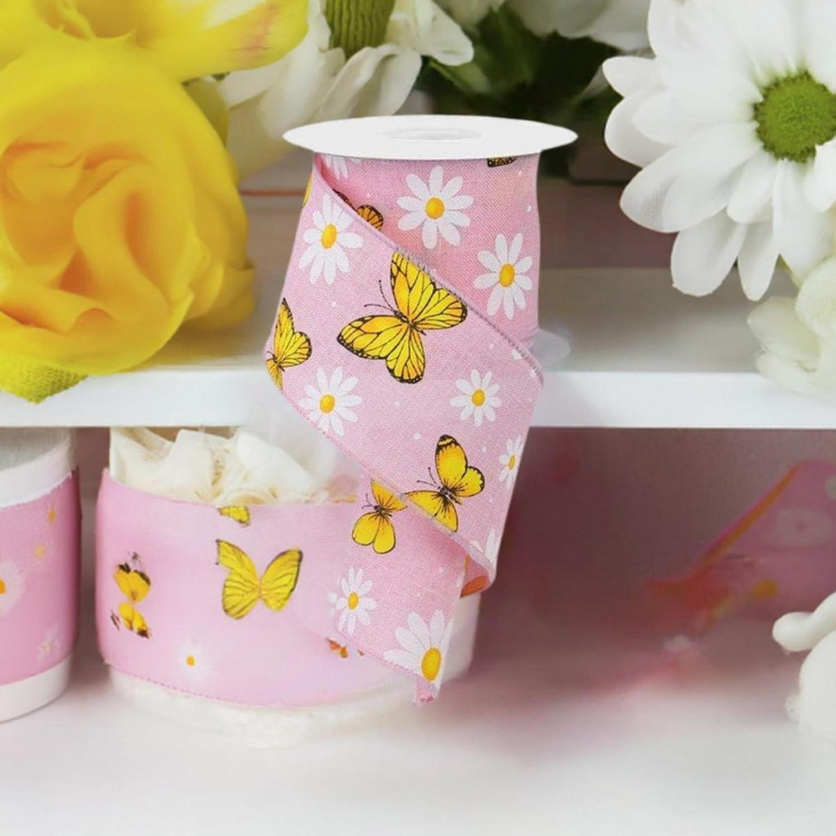 2.5" Butterfly Daisy on Royal Ribbon: Light Pink (10 Yards)