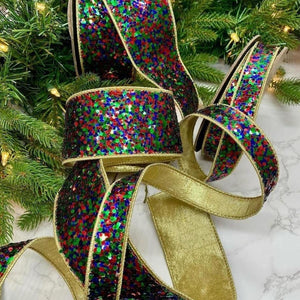 2.5" Cirque Glitter Ribbon: Emerald Green/Red/Blue (10 Yards)