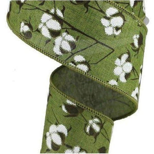 2.5" Cotton Pod Ribbon: Moss Green & White (10 Yards)