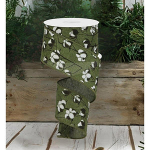 2.5" Cotton Pod Ribbon: Moss Green & White (10 Yards)