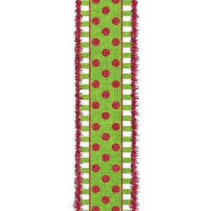 2.5" Dots & Stripes Glitter Tinsel Edge Ribbon: Lime Green, White & Red (10 Yards)