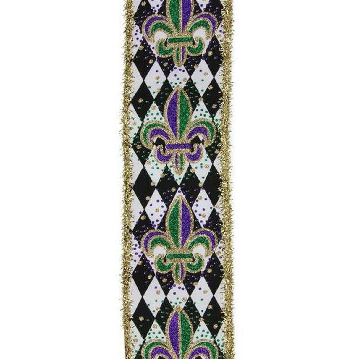 2.5" Fleur De Lis Harlequin Tinsel Ribbon: Mardi Gras (10 Yards)