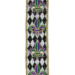 2.5" Fleur De Lis Harlequin Tinsel Ribbon: Mardi Gras (10 Yards)