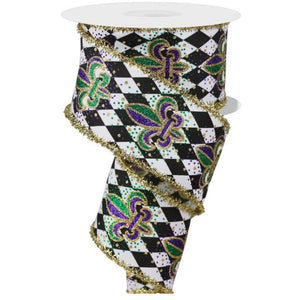 2.5" Fleur De Lis Harlequin Tinsel Ribbon: Mardi Gras (10 Yards)