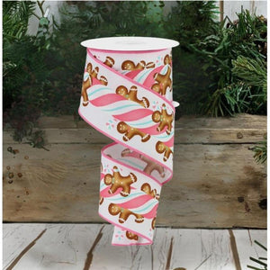 2.5" Gingerbread Kids Candy Ribbon: White/Pink (10 Yards)