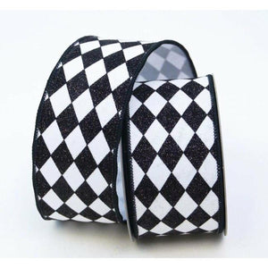 2.5" Glitter Jester Diamond Ribbon: Black & White (10 Yards)