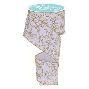 2.5" Glitter Mini Leaf Vines Ribbon: Gold/White (10 Yards)