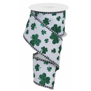 2.5" Glitter Shamrocks Gingham Ribbon: White (10 Yards)