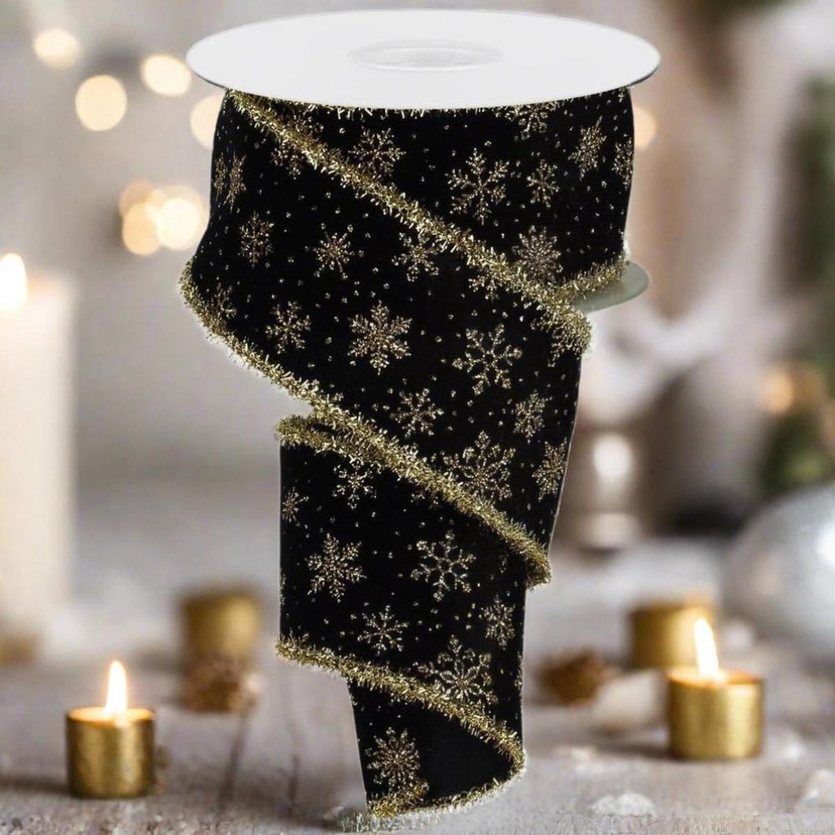 2.5" Glitter Snowflakes Tinsel Ribbon: Gold/Black (10 Yards)