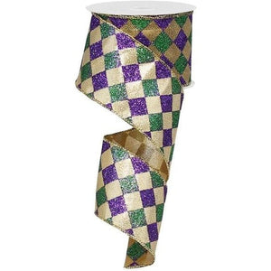2.5" Harlequin Glitter Diamond Ribbon: Mardi Gras (10 Yards)