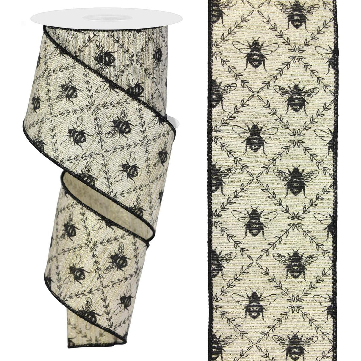 2.5" Honey Bee Trellis On Metallic Ribbon: Gold (10 Yards)